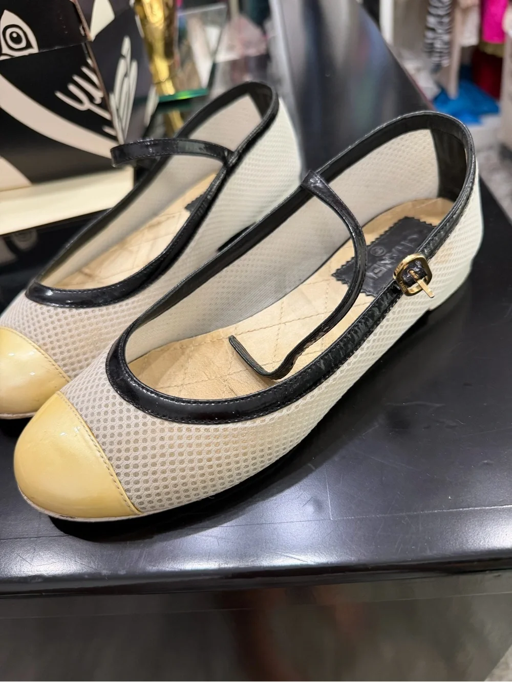 CHANEL Beige Mesh and Black Trim Mary Jane Flats with Cream Cap